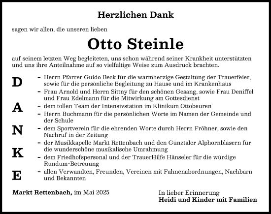 Traueranzeige von Otto Steinle von Memminger Zeitung