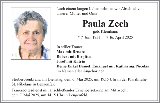 Traueranzeige von Paula Zech von Allgäuer Zeitung, Kaufbeuren/Buchloe