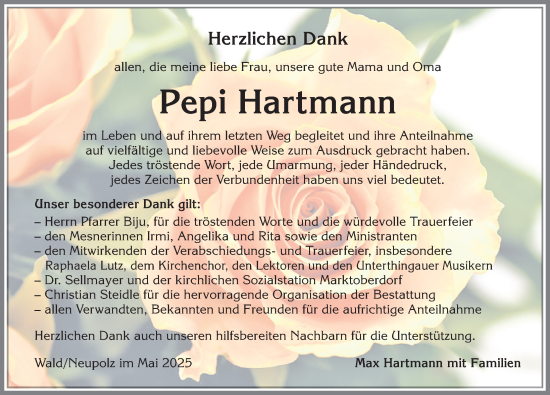Traueranzeige von Pepi Hartmann von Allgäuer Zeitung, Marktoberdorf