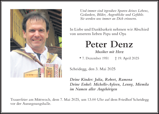 Traueranzeige von Peter Denz von Der Westallgäuer