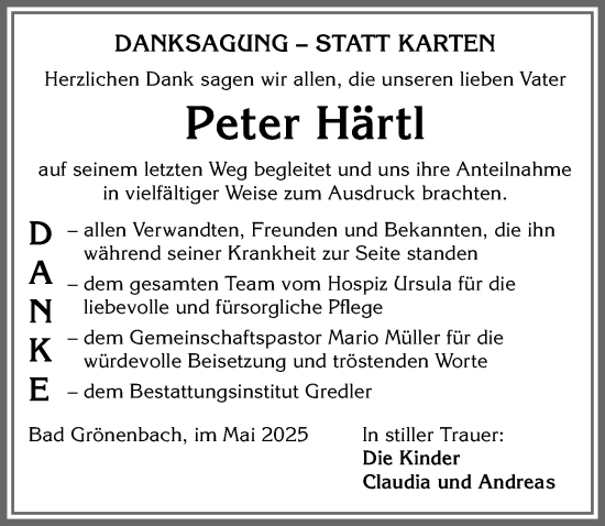 Traueranzeige von Peter Härtl von Memminger Zeitung