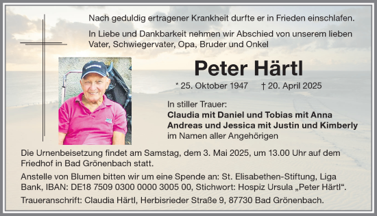 Traueranzeige von Peter Härtl von Memminger Zeitung