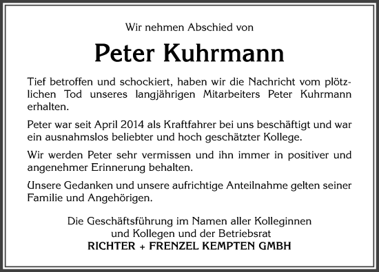 Traueranzeige von Peter Kuhrmann von Allgäuer Zeitung,Kempten