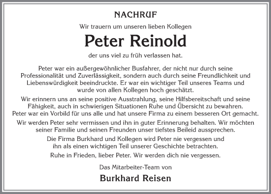 Traueranzeige von Peter Reinold von Allgäuer Anzeigeblatt