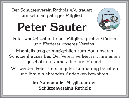 Traueranzeige von Peter Sauter von Allgäuer Anzeigeblatt