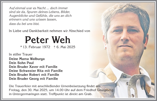 Traueranzeige von Peter Weh von Allgäuer Zeitung, Kaufbeuren/Buchloe