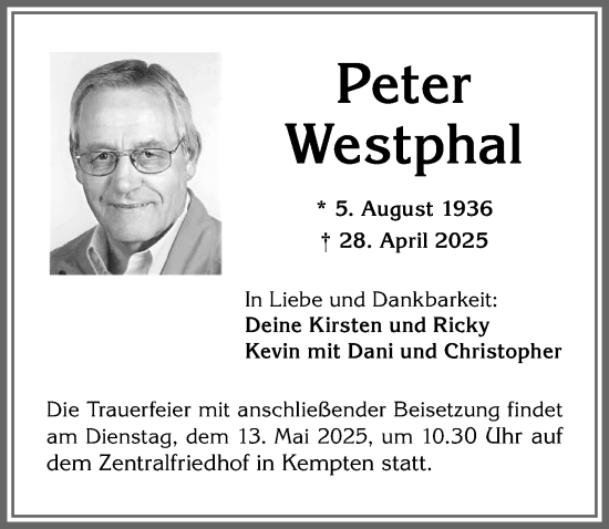 Traueranzeige von Peter Westphal von Allgäuer Zeitung,Kempten