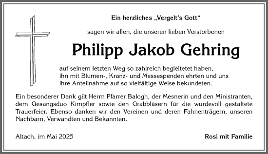 Traueranzeige von Philipp Jakob Gehring von Allgäuer Anzeigeblatt