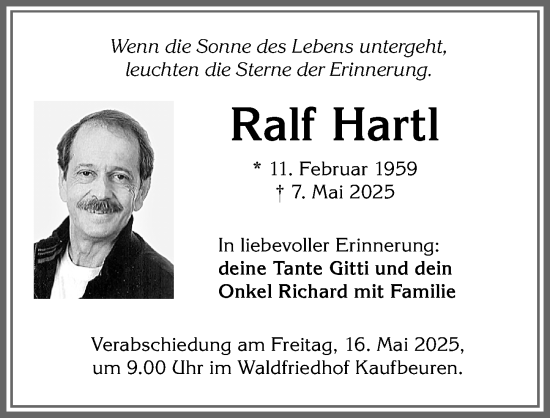 Traueranzeige von Ralf Hartl von Allgäuer Zeitung, Kaufbeuren/Buchloe