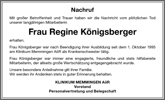 Traueranzeige von Regine Königsberger von Memminger Zeitung