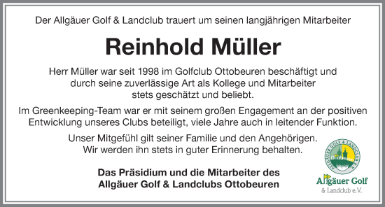 Traueranzeige von Reinhold Müller von Allgäuer Zeitung,Kempten