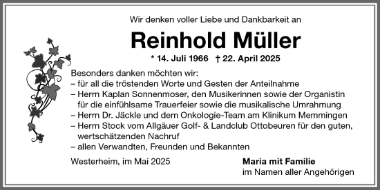 Traueranzeige von Reinhold Müller von Memminger Zeitung