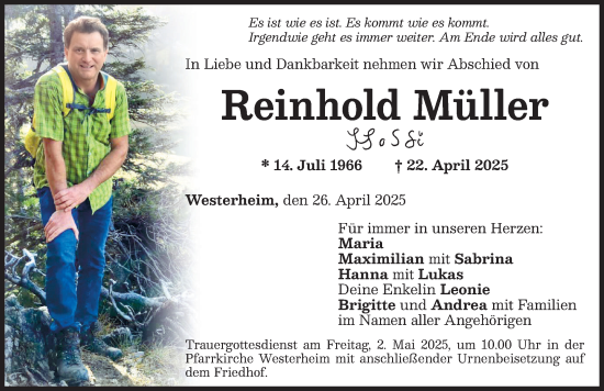 Traueranzeige von Reinhold Müller von Memminger Zeitung