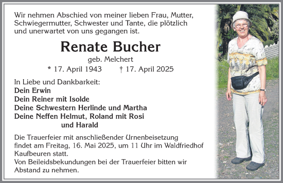 Traueranzeige von Renate Bucher von Allgäuer Zeitung, Kaufbeuren/Buchloe