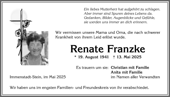 Traueranzeige von Renate Franzke von Allgäuer Anzeigeblatt