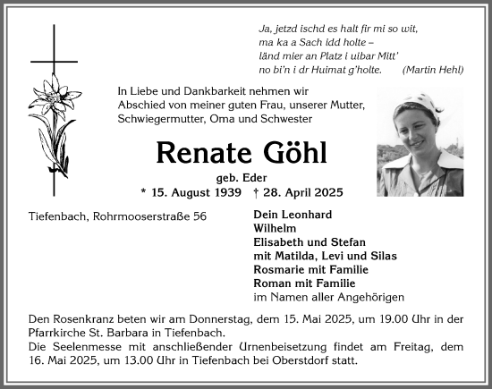 Traueranzeige von Renate Göhl von Allgäuer Anzeigeblatt