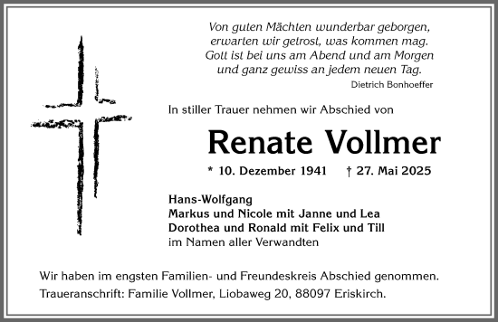 Traueranzeige von Renate Vollmer von Allgäuer Zeitung, Kaufbeuren/Buchloe