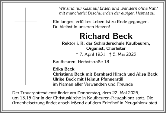 Traueranzeige von Richard Beck von Allgäuer Zeitung, Kaufbeuren/Buchloe