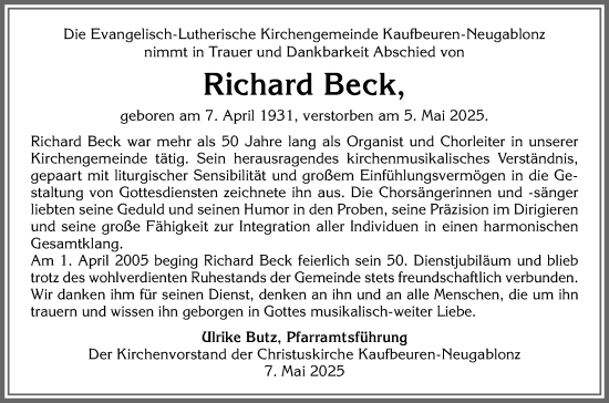 Traueranzeige von Richard Beck von Allgäuer Zeitung, Kaufbeuren/Buchloe