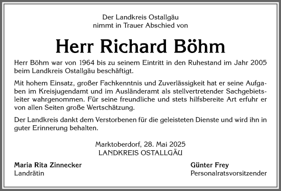Traueranzeige von Richard Böhm von Allgäuer Zeitung, Marktoberdorf