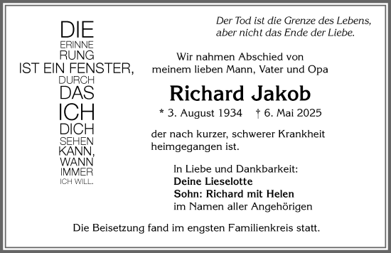 Traueranzeige von Richard Jakob von Allgäuer Zeitung,Kempten