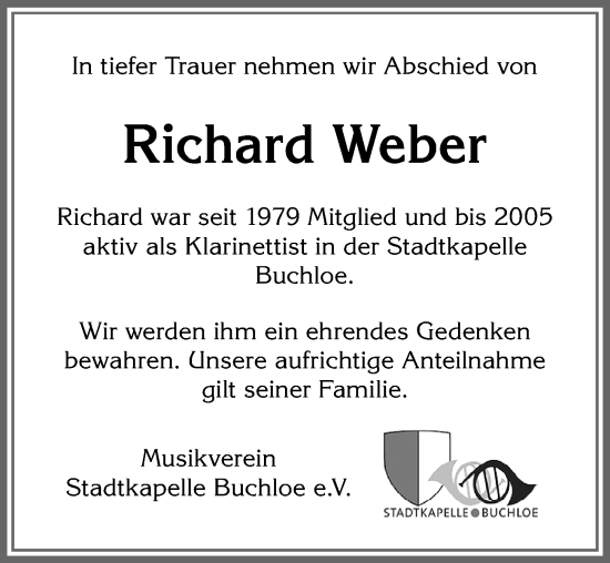 Traueranzeige von Richard Weber von Allgäuer Zeitung, Kaufbeuren/Buchloe