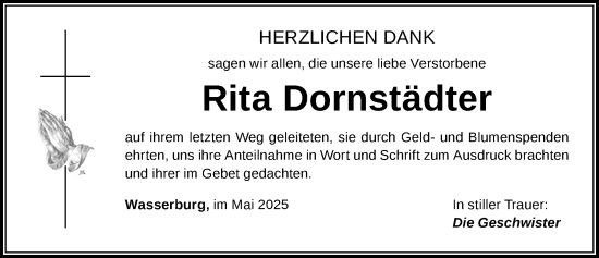 Traueranzeige von Rita Dornstädter von Der Westallgäuer