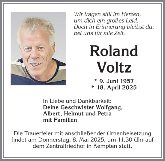 Traueranzeige von Roland Voltz von Allgäuer Zeitung,Kempten