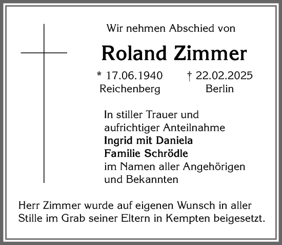 Traueranzeige von Roland Zimmer von Allgäuer Zeitung,Kempten
