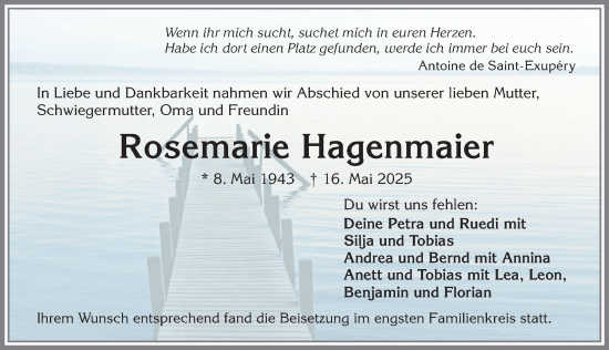 Traueranzeige von Rosemarie Hagenmaier von Allgäuer Zeitung,Kempten