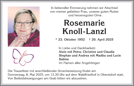 Traueranzeige von Rosemarie Knoll-Lanzl von Allgäuer Anzeigeblatt