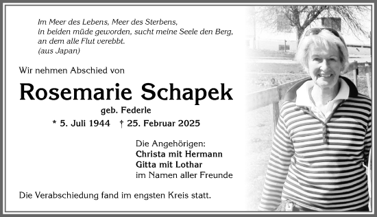 Traueranzeige von Rosemarie Schapek von Allgäuer Anzeigeblatt