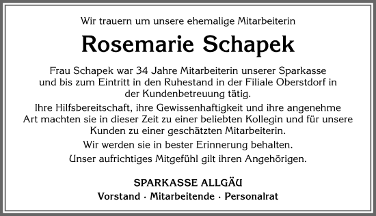 Traueranzeige von Rosemarie Schapek von Allgäuer Anzeigeblatt