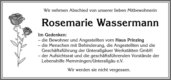Traueranzeige von Rosemarie Wassermann von Memminger Zeitung
