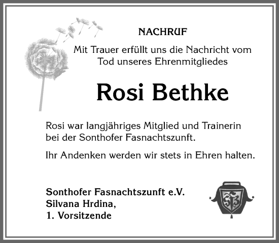 Traueranzeige von Rosi Bethke von Allgäuer Anzeigeblatt