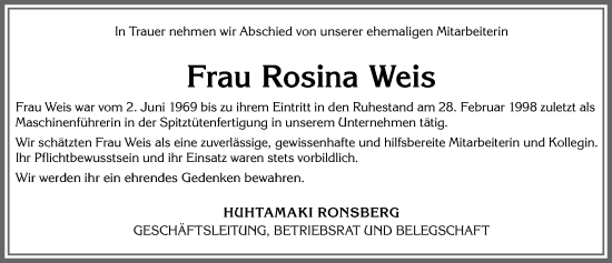 Traueranzeige von Rosina Weis von Allgäuer Zeitung, Marktoberdorf
