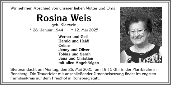 Traueranzeige von Rosina Weis von Allgäuer Zeitung, Marktoberdorf
