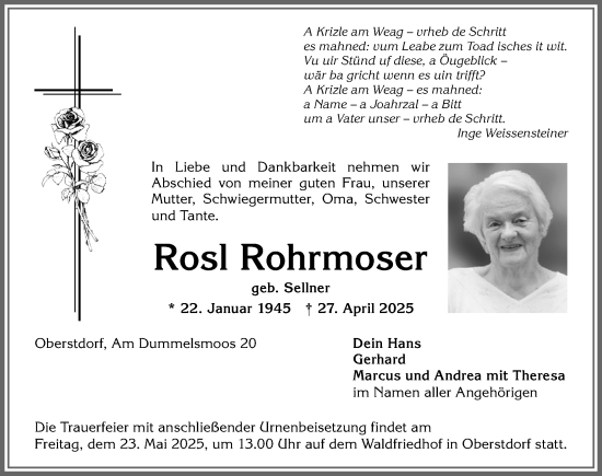 Traueranzeige von Rosl Rohrmoser von Allgäuer Anzeigeblatt