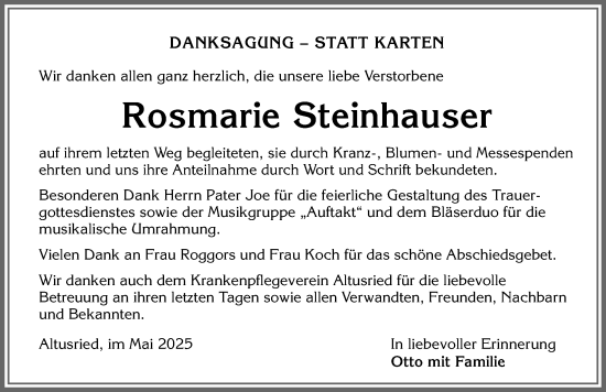 Traueranzeige von Rosmarie Steinhauser von Allgäuer Zeitung,Kempten