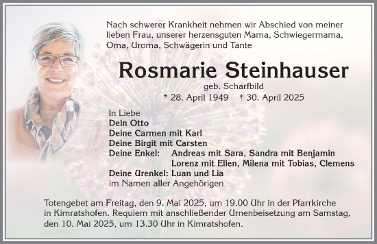 Traueranzeige von Rosmarie Steinhauser von Allgäuer Zeitung,Kempten