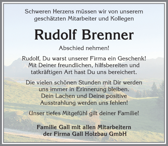 Traueranzeige von Rudolf Brenner von Allgäuer Zeitung, Marktoberdorf