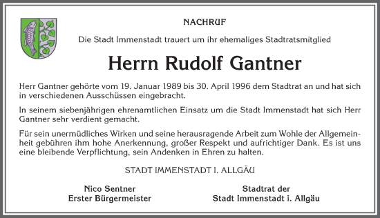 Traueranzeige von Rudolf Gantner von Allgäuer Anzeigeblatt