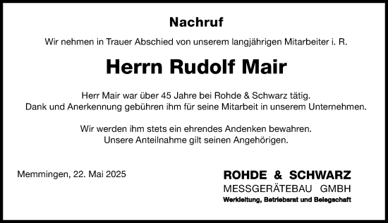 Traueranzeige von Rudolf Mair von Memminger Zeitung