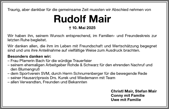 Traueranzeige von Rudolf Mair von Memminger Zeitung
