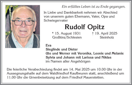 Traueranzeige von Rudolf Opitz von Allgäuer Zeitung, Kaufbeuren/Buchloe