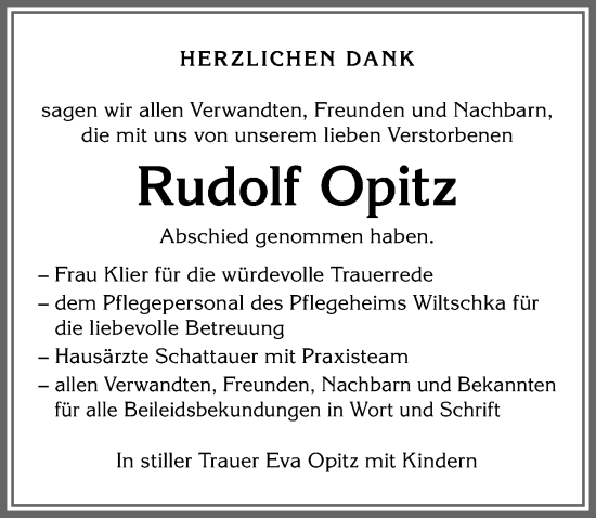 Traueranzeige von Rudolf Opitz von Allgäuer Zeitung, Kaufbeuren/Buchloe