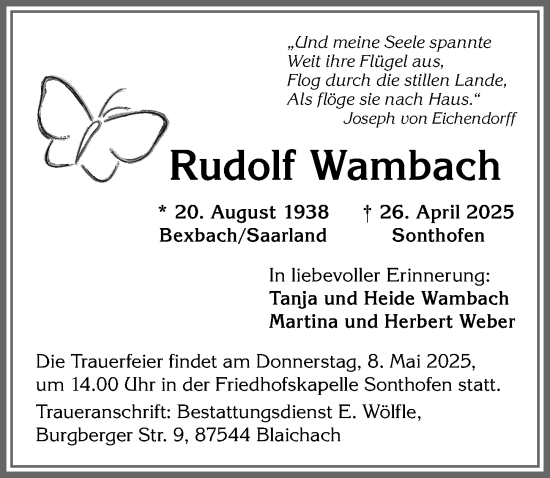 Traueranzeige von Rudolf Wambach von Allgäuer Anzeigeblatt