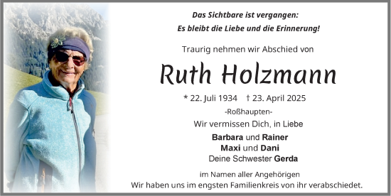 Traueranzeige von Ruth Holzmann von Allgäuer Zeitung, Füssen