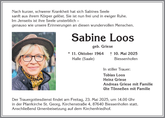 Traueranzeige von Sabine Loos von Allgäuer Zeitung, Kaufbeuren/Buchloe