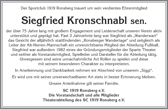 Traueranzeige von Siegfried Kronschnabl von Allgäuer Zeitung, Marktoberdorf